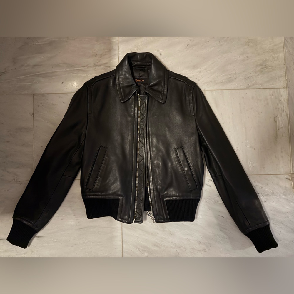 Quince Black Leather Bomber Jacket